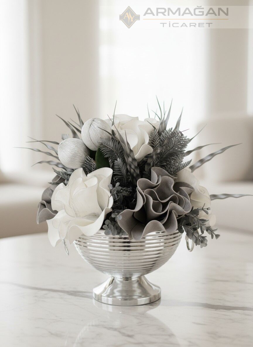 ÇİZGİLİ VAZO ARAJAMAN ÇİÇEKLİ Gümüş