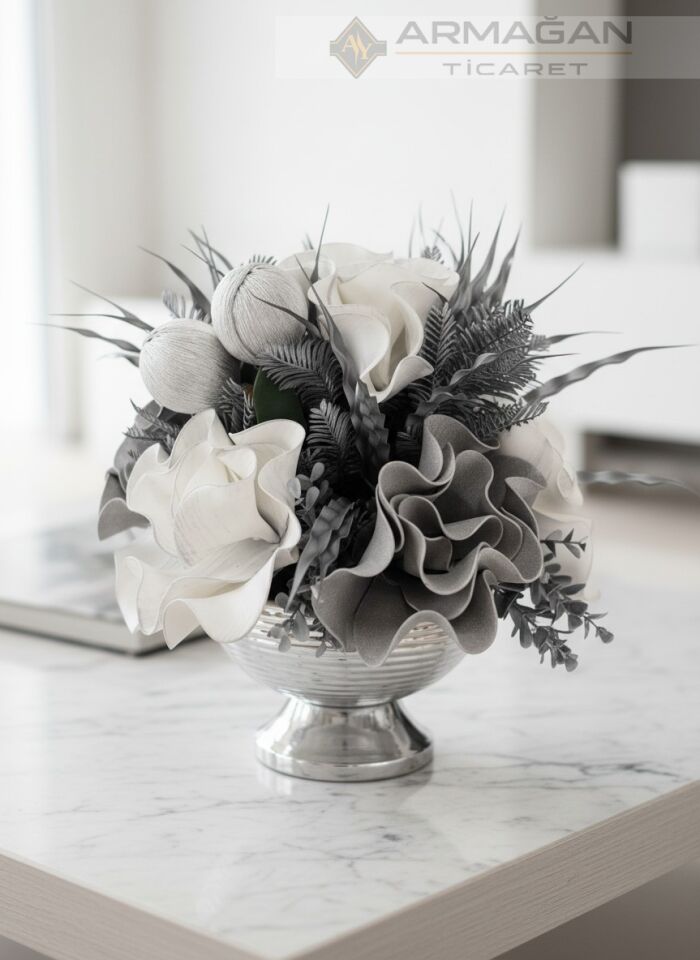 ÇİZGİLİ VAZO ARAJAMAN ÇİÇEKLİ Gümüş