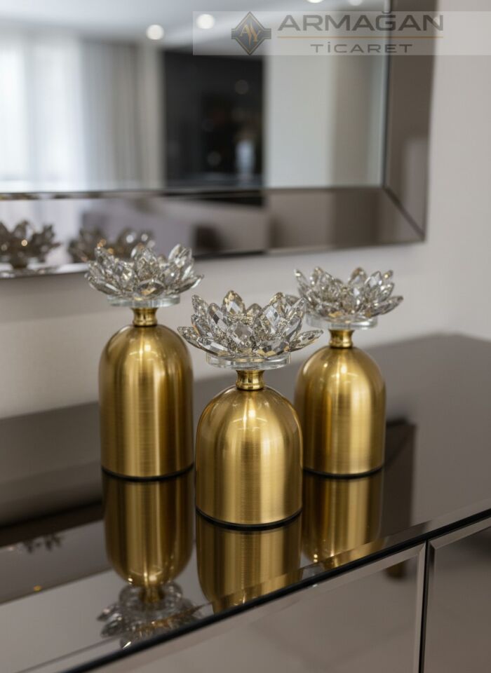 NİLÜFER 3LÜ MUMLUK ŞAMDAN Gold