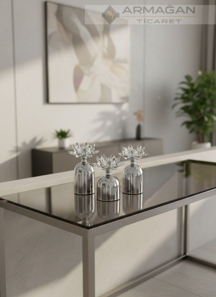 NİLÜFER 3LÜ MUMLUK ŞAMDAN Gümüş