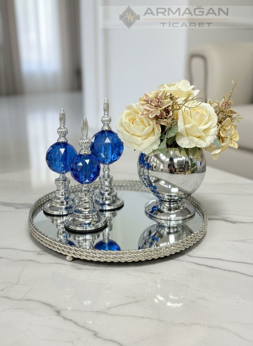 ARAJMAN, ALEM DEKOR VE TEPSİ SETİ Lacivert-Gümüş
