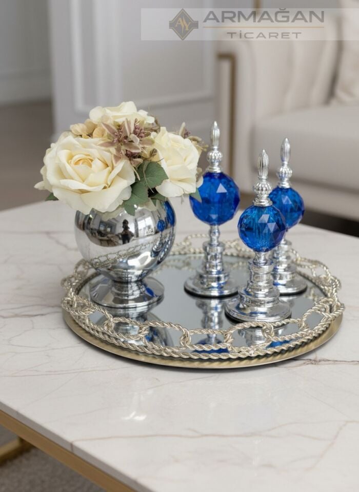 ARAJMAN, ALEM DEKOR VE ZİNCİR TEPSİ SETİ Lacivert-Gümüş