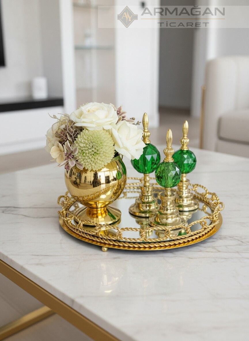 ARAJMAN, ALEM DEKOR VE ZİNCİR TEPSİ SETİ Gold-Yeşil