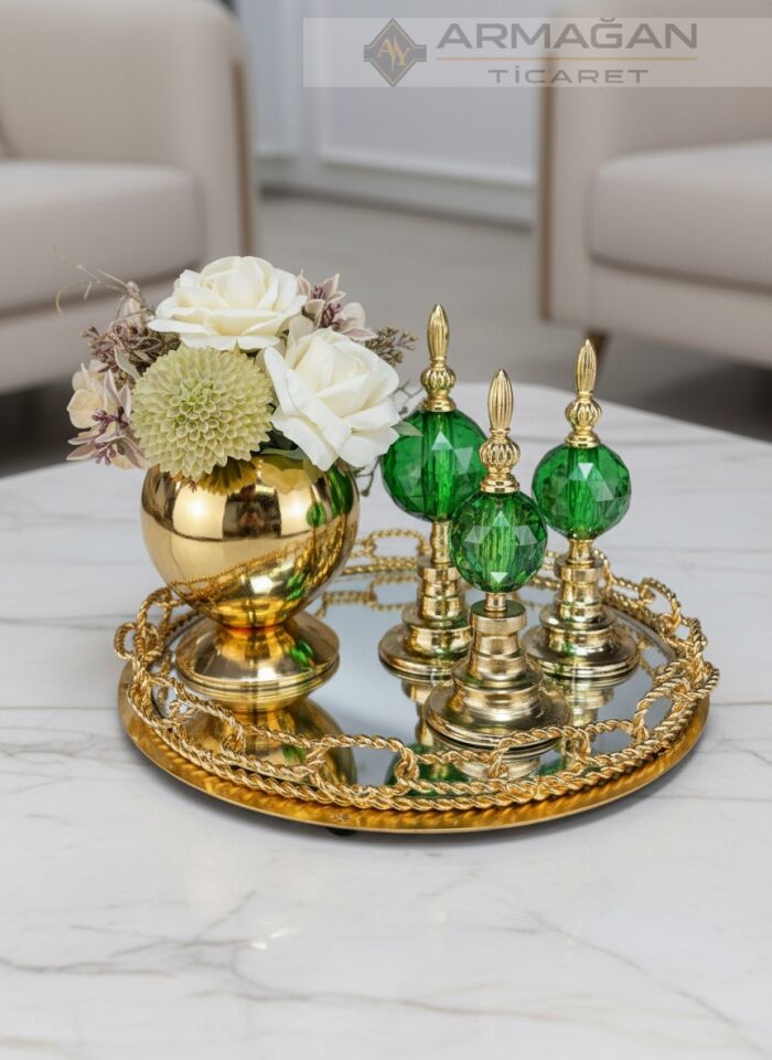 ARAJMAN, ALEM DEKOR VE ZİNCİR TEPSİ SETİ Gold-Yeşil