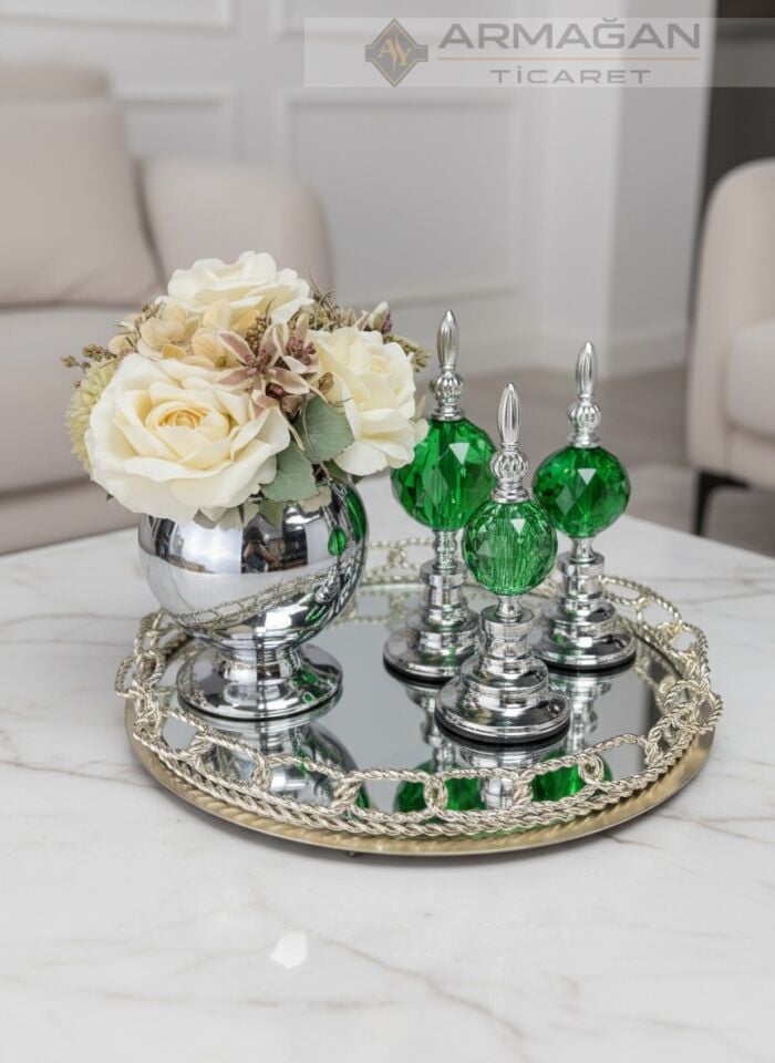 ARAJMAN, ALEM DEKOR VE ZİNCİR TEPSİ SETİ Gümüş-Yeşil