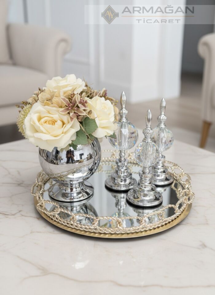 ARAJMAN, ALEM DEKOR VE ZİNCİR TEPSİ SETİ Şeffaf-Gümüş