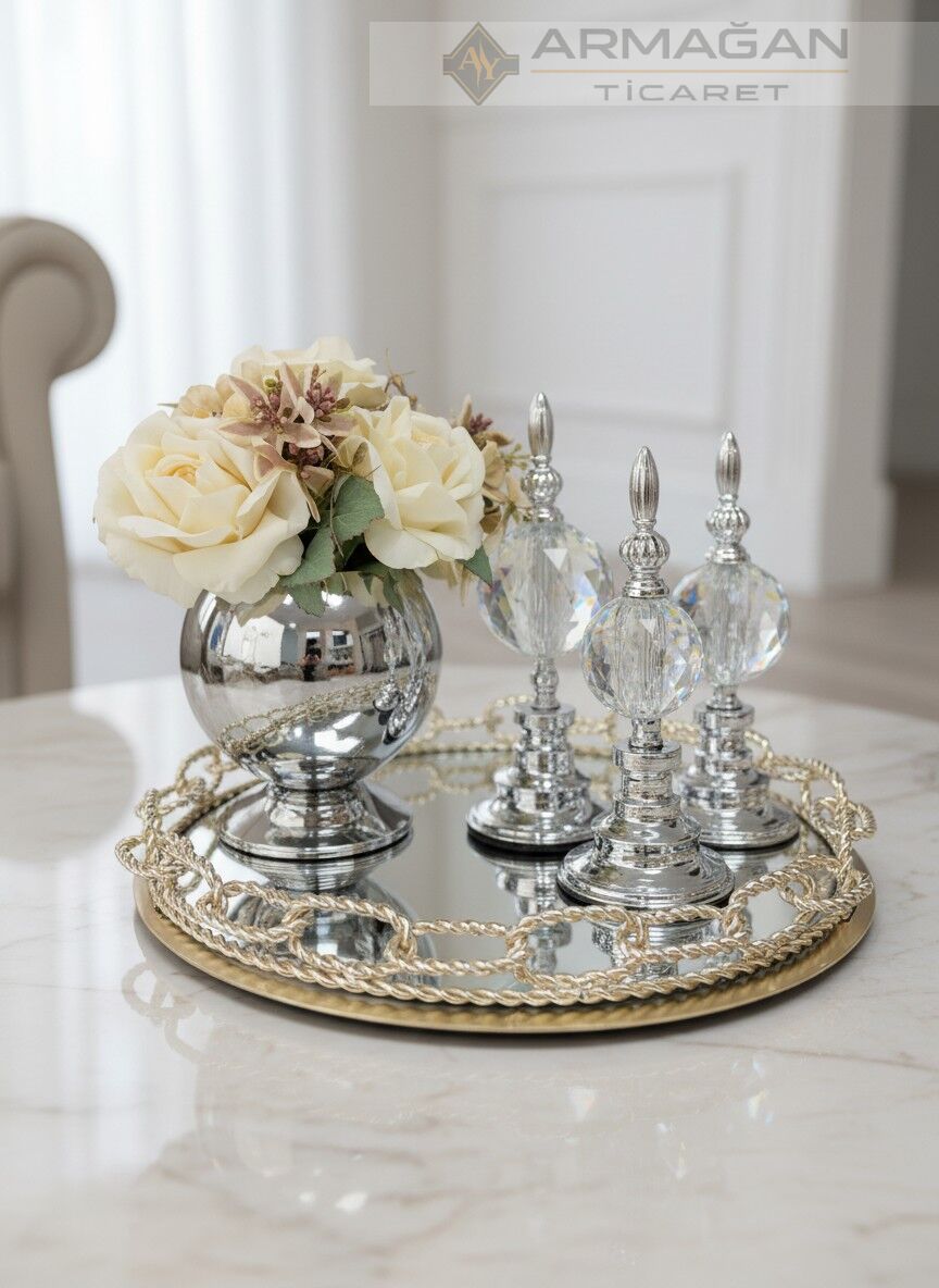 ARAJMAN, ALEM DEKOR VE ZİNCİR TEPSİ SETİ Şeffaf-Gümüş
