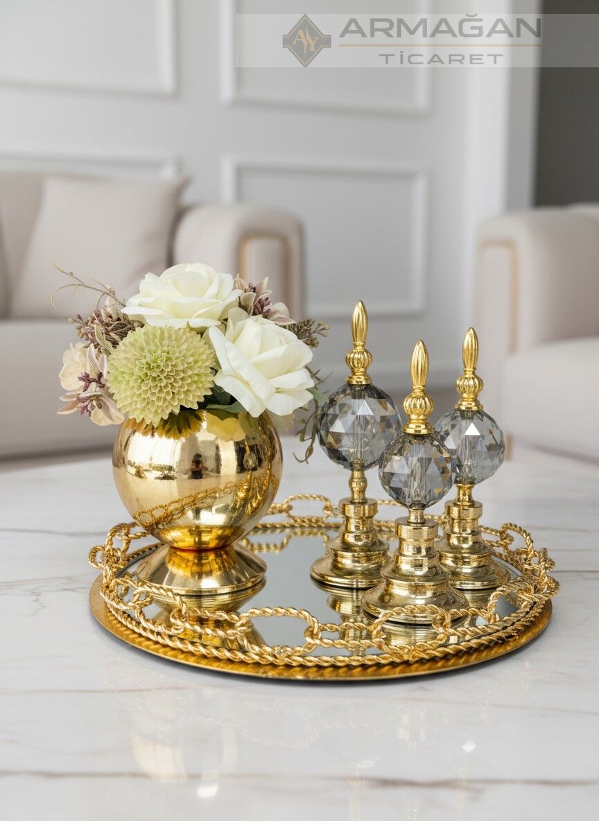 ARAJMAN, ALEM DEKOR VE ZİNCİR TEPSİ SETİ Füme-Gold