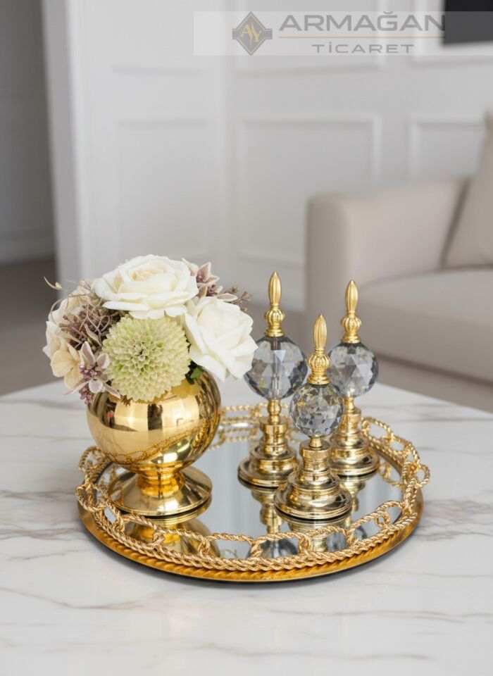 ARAJMAN, ALEM DEKOR VE ZİNCİR TEPSİ SETİ Füme-Gold