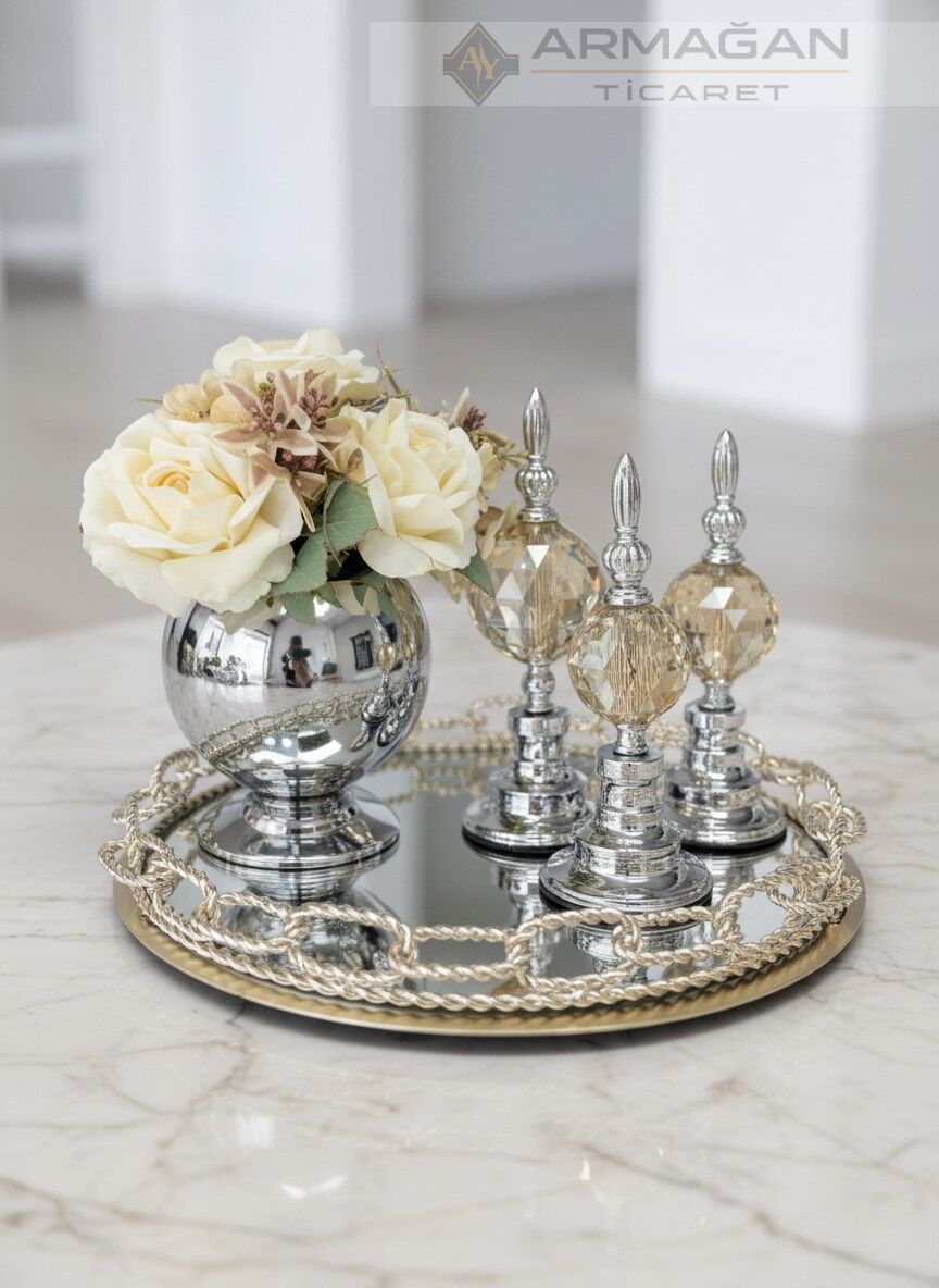 ARAJMAN, ALEM DEKOR VE ZİNCİR TEPSİ SETİ Amber-Gümüş