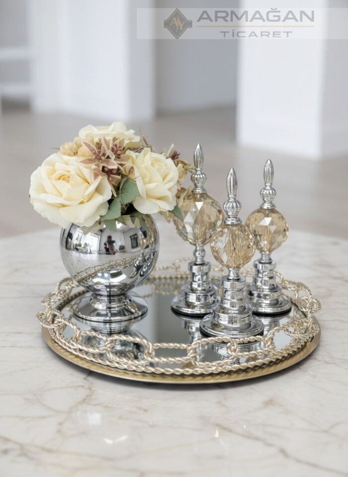 ARAJMAN, ALEM DEKOR VE ZİNCİR TEPSİ SETİ Amber-Gümüş