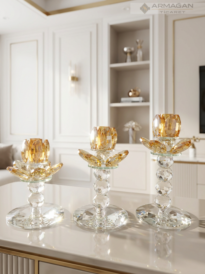 PAPATYA ŞAMDAN MUMLUK 3LÜ SET  KRİSTAL DEKOR Gold