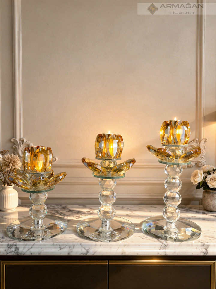 PAPATYA ŞAMDAN MUMLUK 3LÜ SET  KRİSTAL DEKOR Gold