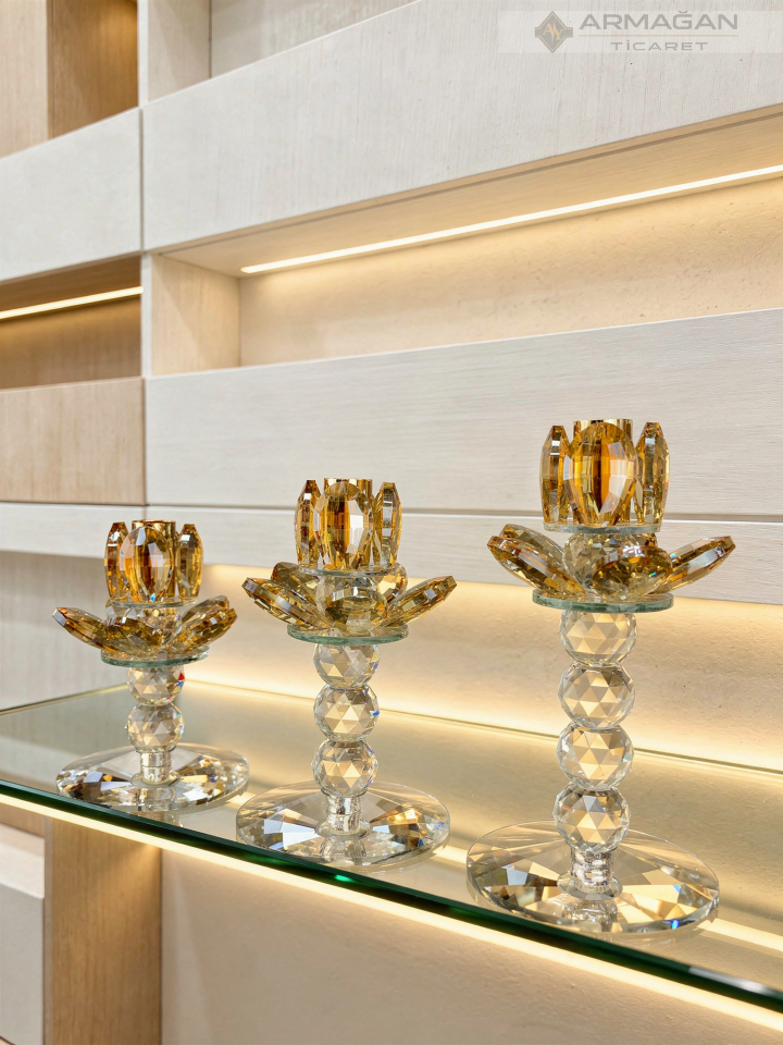 PAPATYA ŞAMDAN MUMLUK 3LÜ SET  KRİSTAL DEKOR Gold