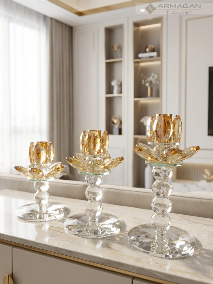PAPATYA ŞAMDAN MUMLUK 3LÜ SET  KRİSTAL DEKOR Gold