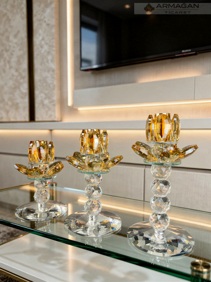 PAPATYA ŞAMDAN MUMLUK 3LÜ SET  KRİSTAL DEKOR Gold