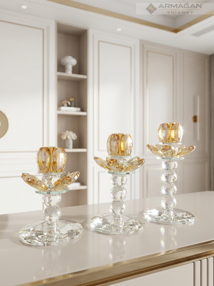PAPATYA ŞAMDAN MUMLUK 3LÜ SET  KRİSTAL DEKOR Gold