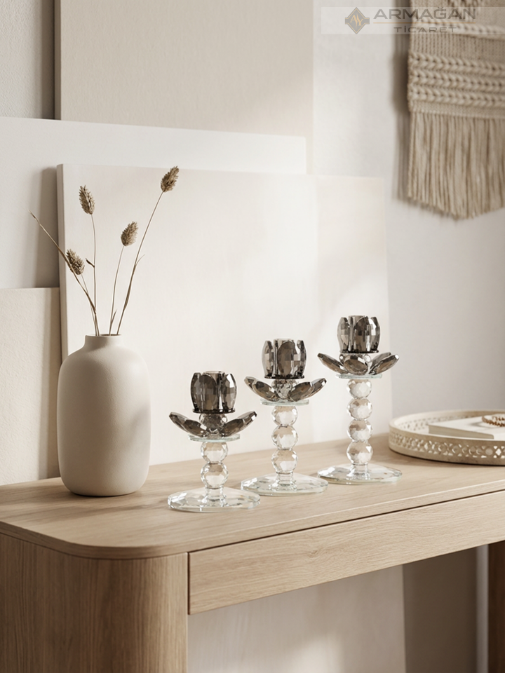 PAPATYA ŞAMDAN MUMLUK 3LÜ SET  KRİSTAL DEKOR Gümüş
