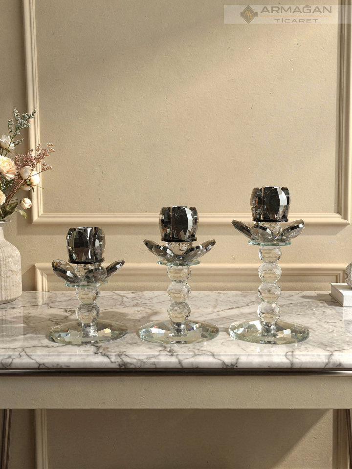 PAPATYA ŞAMDAN MUMLUK 3LÜ SET  KRİSTAL DEKOR Gümüş