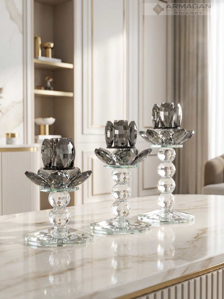 PAPATYA ŞAMDAN MUMLUK 3LÜ SET  KRİSTAL DEKOR Gümüş