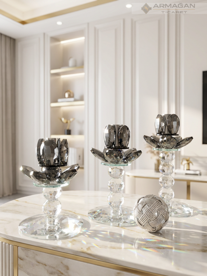 PAPATYA ŞAMDAN MUMLUK 3LÜ SET  KRİSTAL DEKOR Gümüş