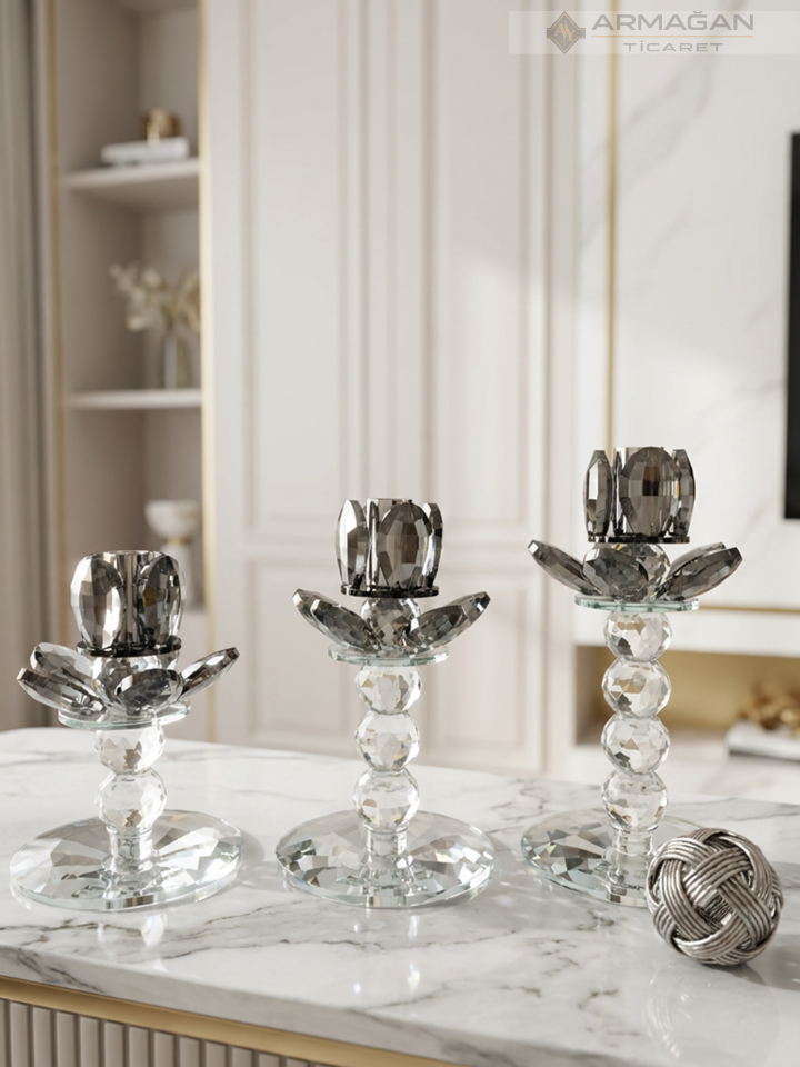 PAPATYA ŞAMDAN MUMLUK 3LÜ SET  KRİSTAL DEKOR Gümüş
