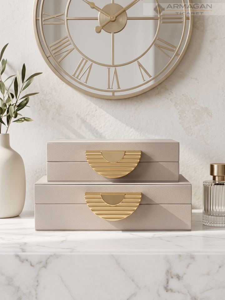 2Lİ DERİ KUTU DİNAR MODEL Krem-Gold