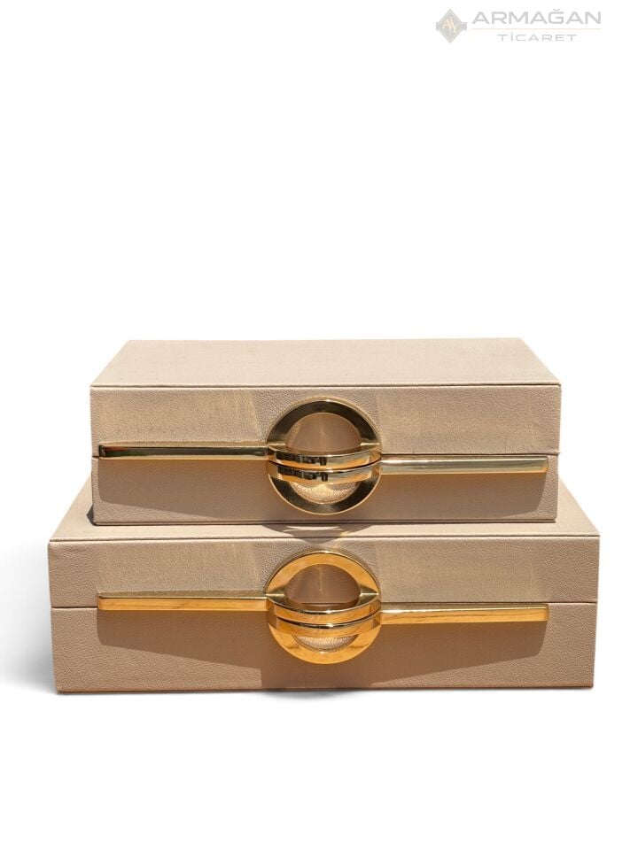 2Lİ DERİ KUTU P MODEL Krem-Gold