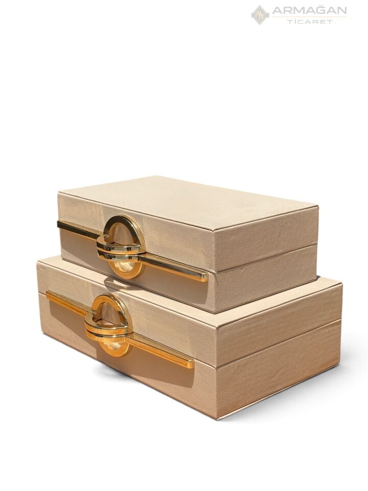 2Lİ DERİ KUTU P MODEL Krem-Gold