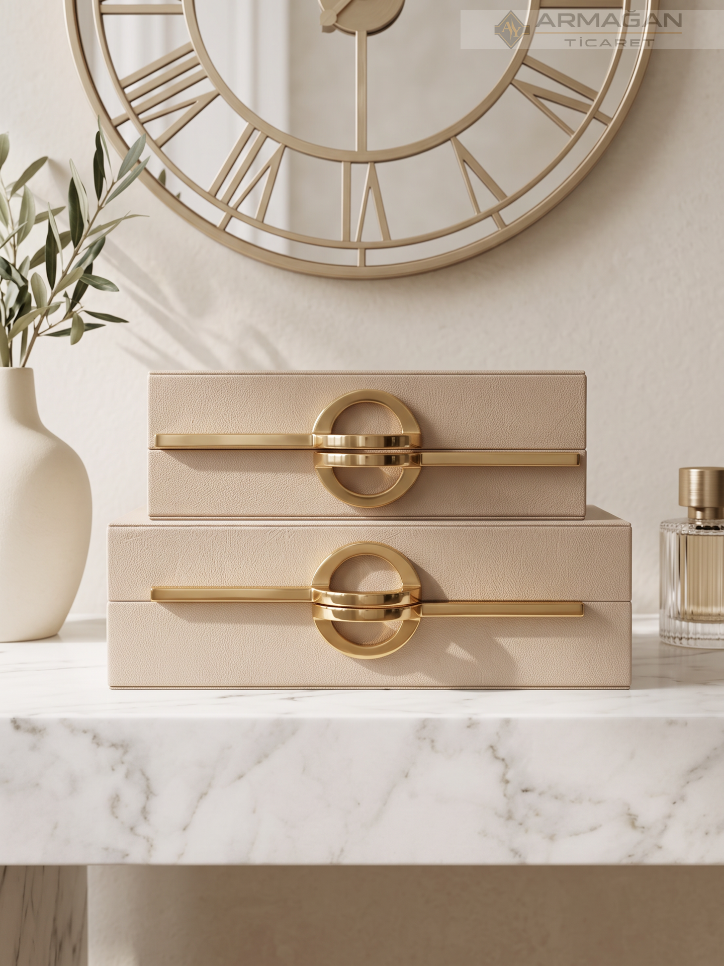 2Lİ DERİ KUTU P MODEL Krem-Gold