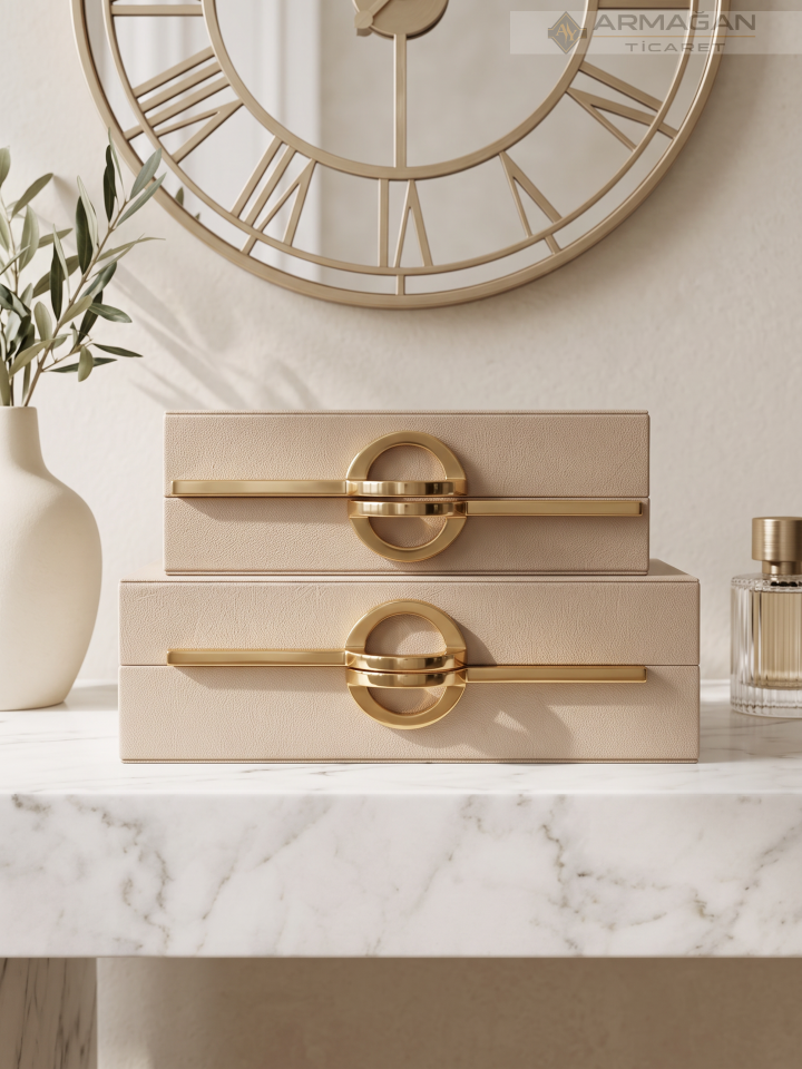 2Lİ DERİ KUTU P MODEL Krem-Gold