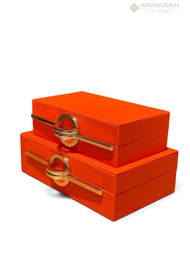 2Lİ DERİ KUTU P MODEL Turuncu-Gold