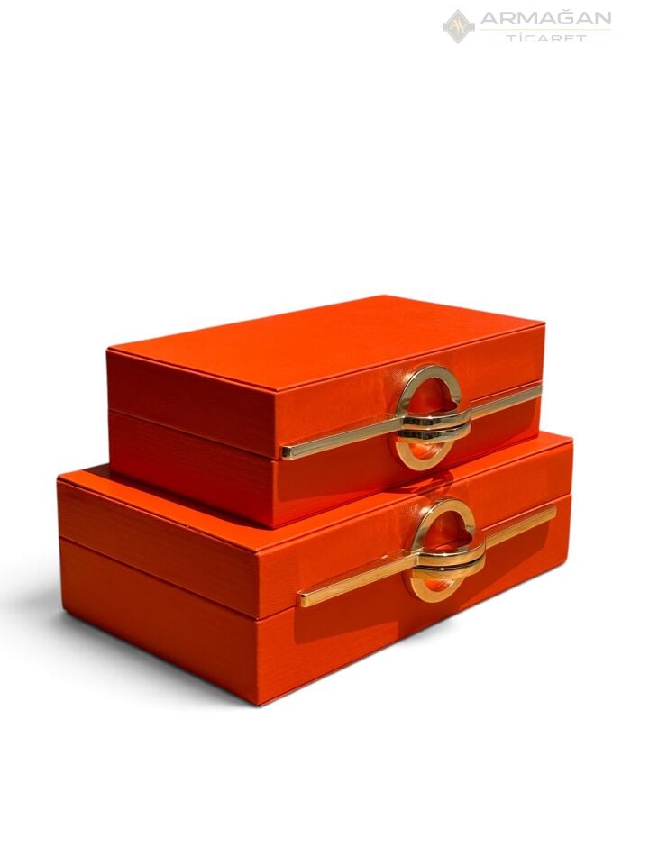 2Lİ DERİ KUTU P MODEL Turuncu-Gold