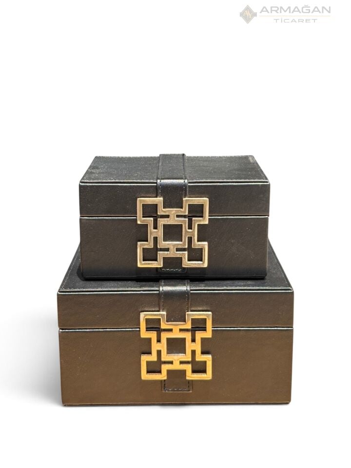 2Lİ DERİ KUTU KARO MODEL Siyah-Gold