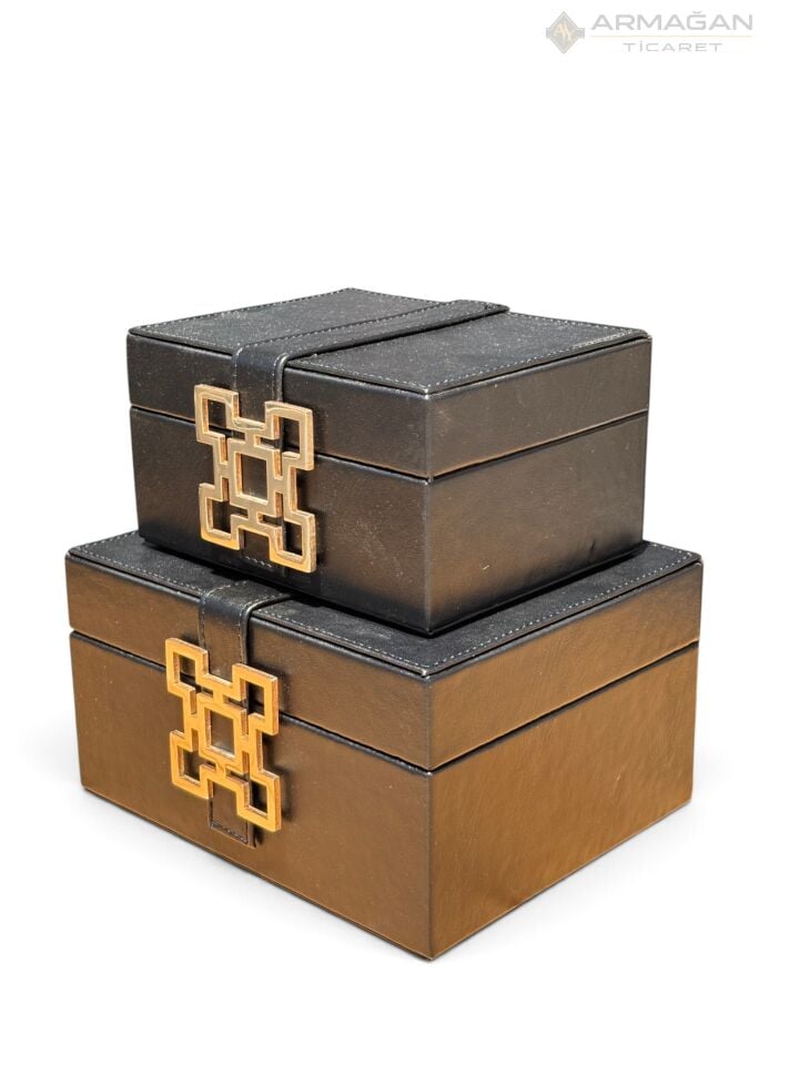 2Lİ DERİ KUTU KARO MODEL Siyah-Gold
