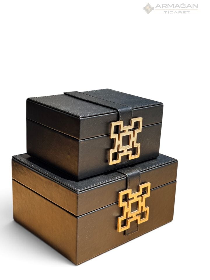 2Lİ DERİ KUTU KARO MODEL Siyah-Gold