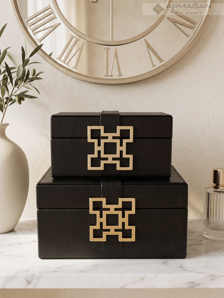 2Lİ DERİ KUTU KARO MODEL Siyah-Gold