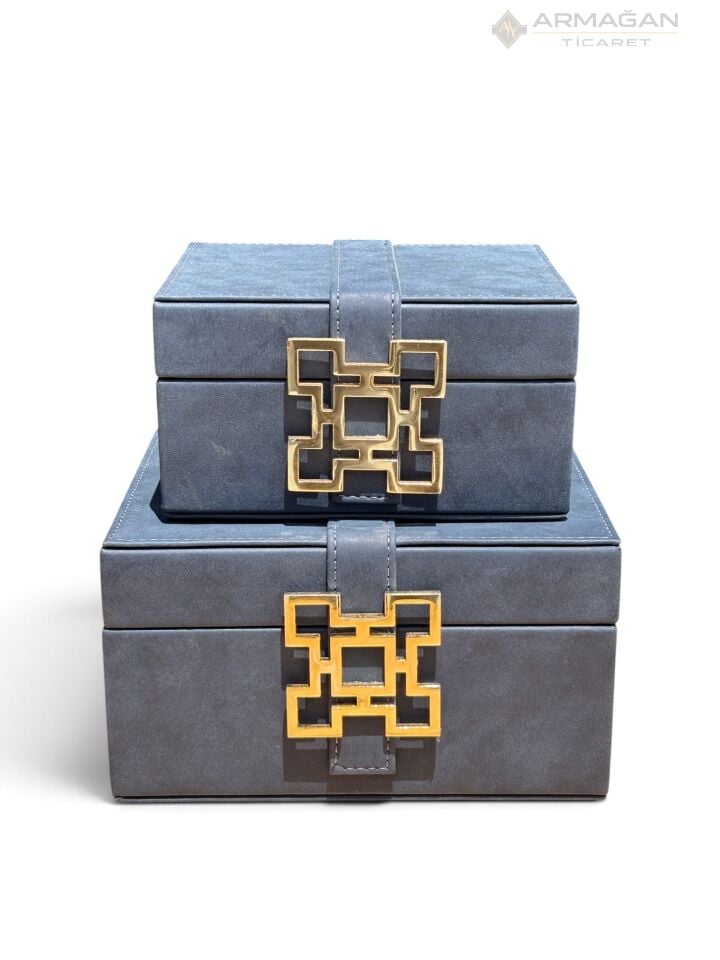 2Lİ DERİ KUTU KARO MODEL Lacivert-Gold