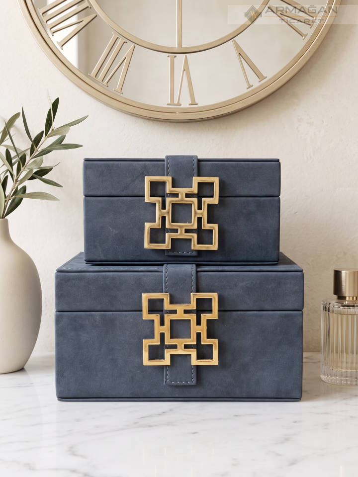2Lİ DERİ KUTU KARO MODEL Lacivert-Gold