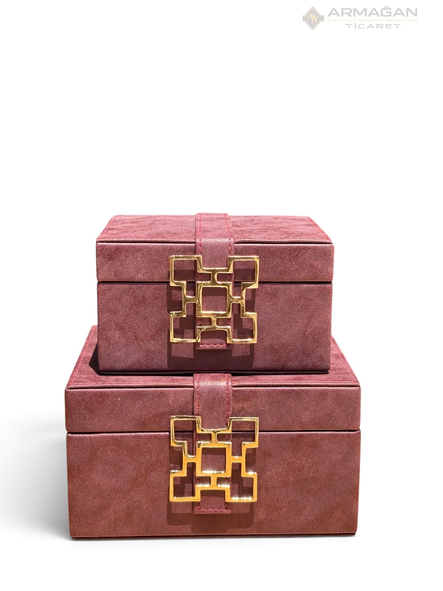 2Lİ DERİ KUTU KARO MODEL Bordo-Gold
