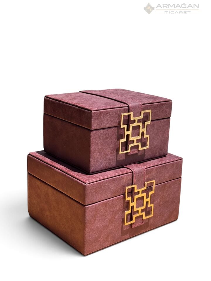 2Lİ DERİ KUTU KARO MODEL Bordo-Gold