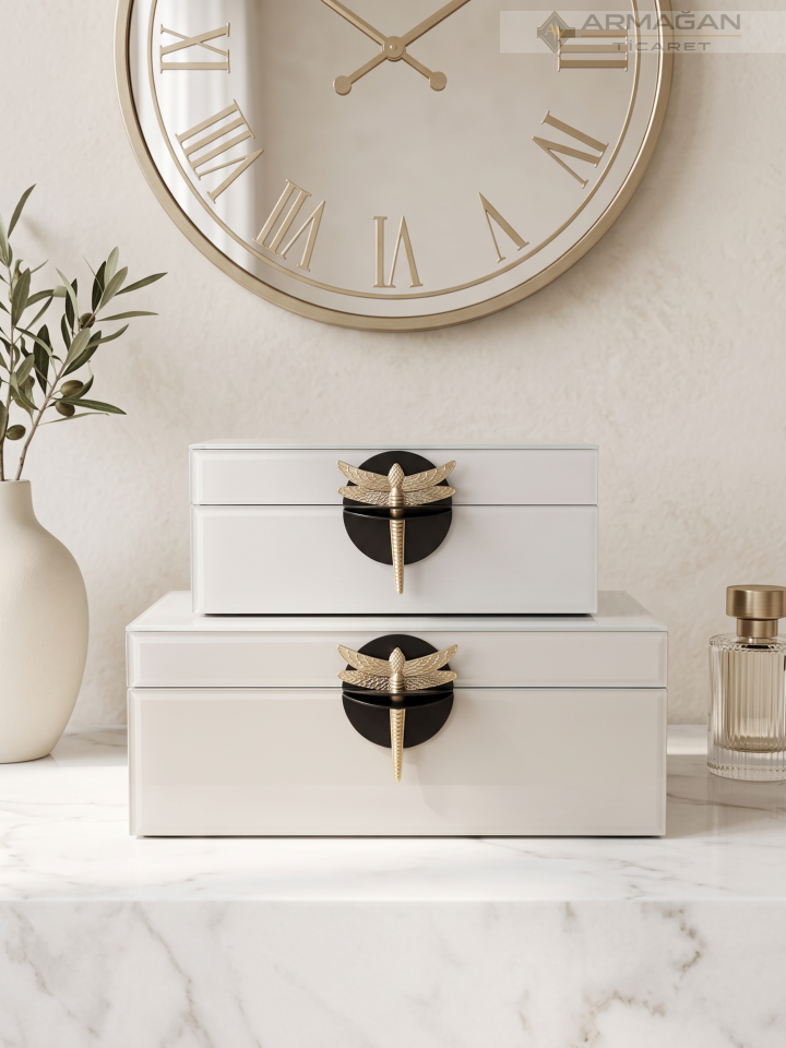 2Lİ CAM KUTU DRAGO MODEL Krem-Gold