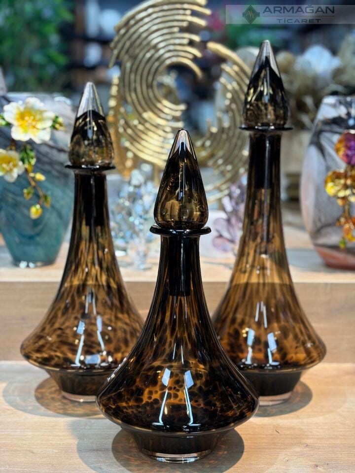 LEOPAR DESENLİ DAMLA 3LÜ CAM VAZO SET Amber