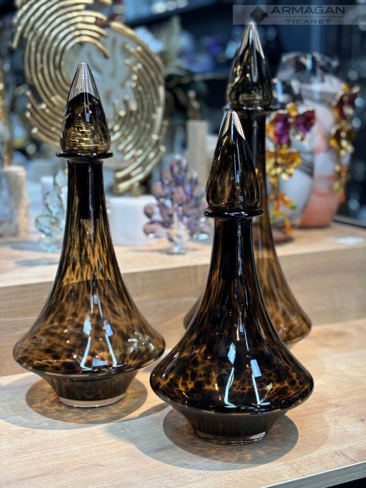 LEOPAR DESENLİ DAMLA 3LÜ CAM VAZO SET Amber