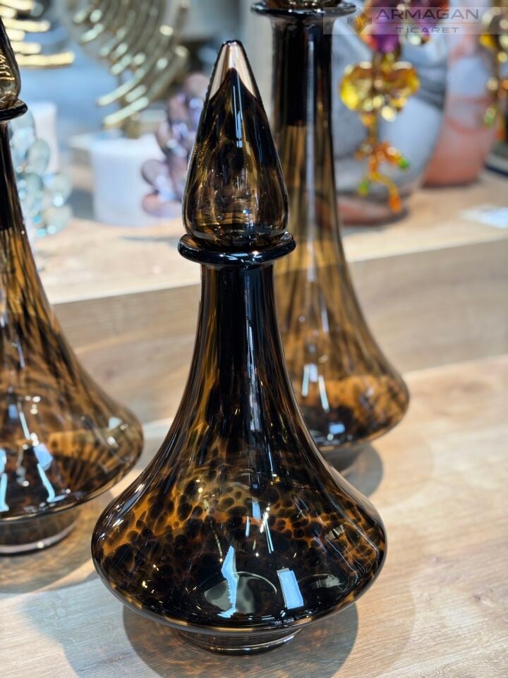 LEOPAR DESENLİ DAMLA 3LÜ CAM VAZO SET Amber