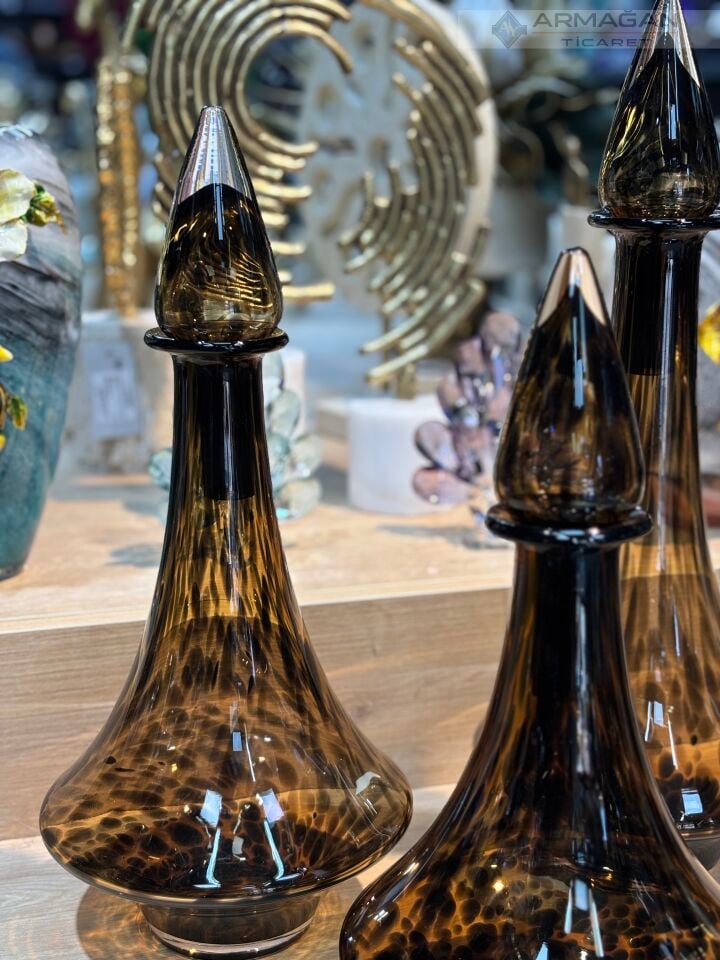 LEOPAR DESENLİ DAMLA 3LÜ CAM VAZO SET Amber